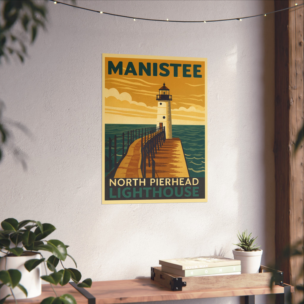 Manistee North Pierhead Lighthouse Fine Art Poster – Vintage Michigan Lighthouse Wall Art