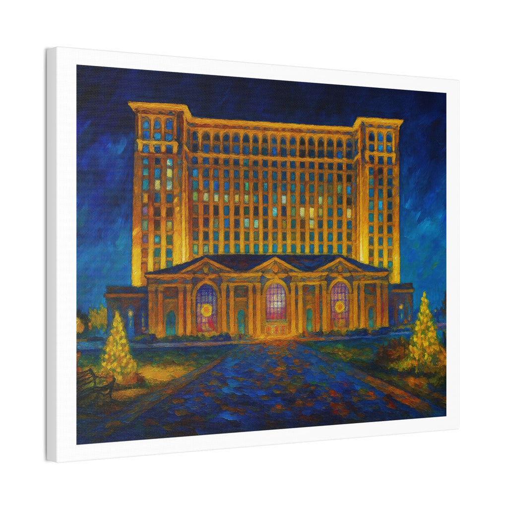 Michigan Central Station Holiday Lights Canvas Print — Stretched 0.75"