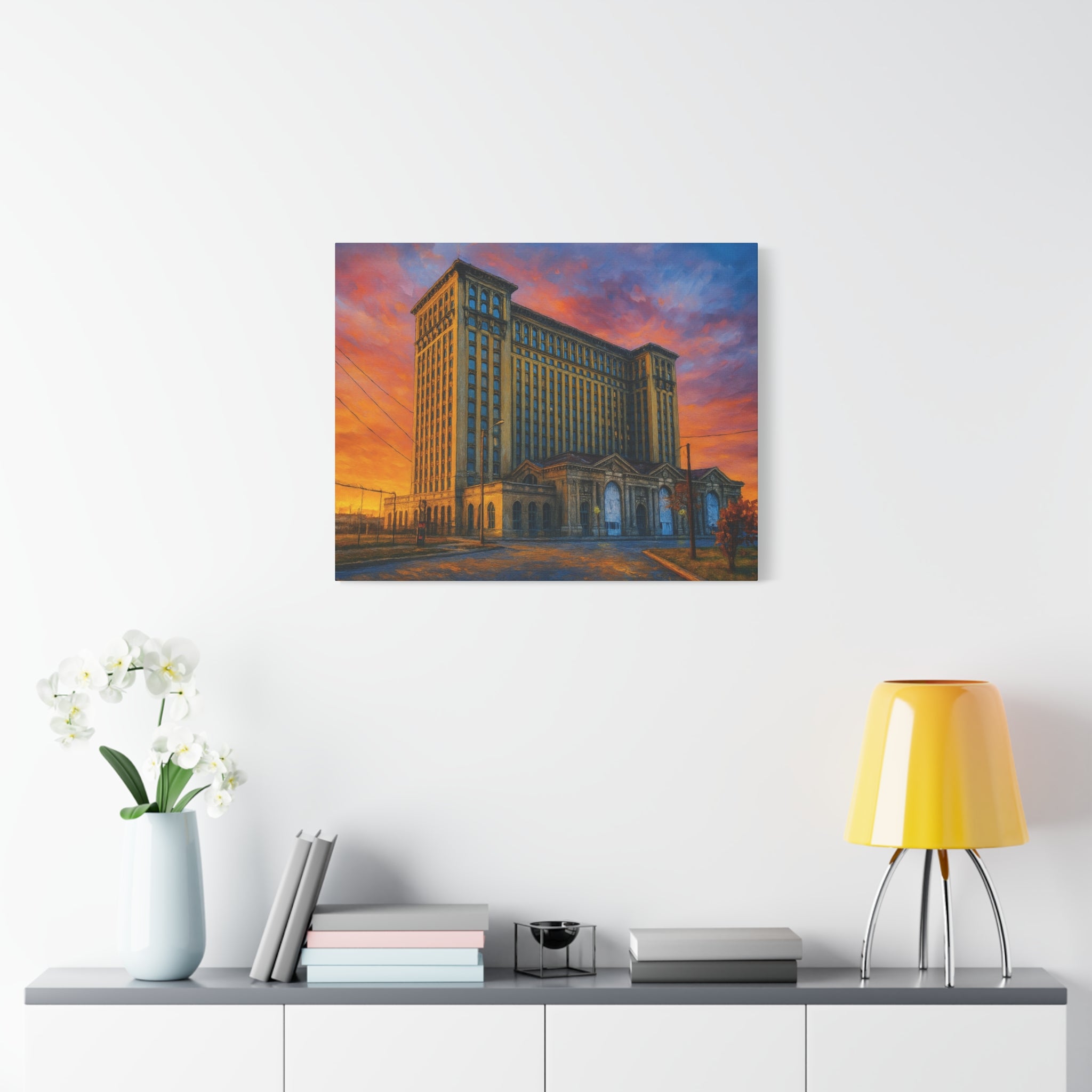 Detroit Michigan Train Station Sunrise Canvas Art — Vintage Depot Building Wall Decor