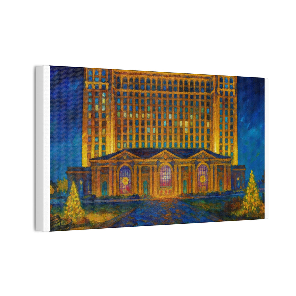 Michigan Central Station Holiday Lights Canvas Print — Stretched 0.75"