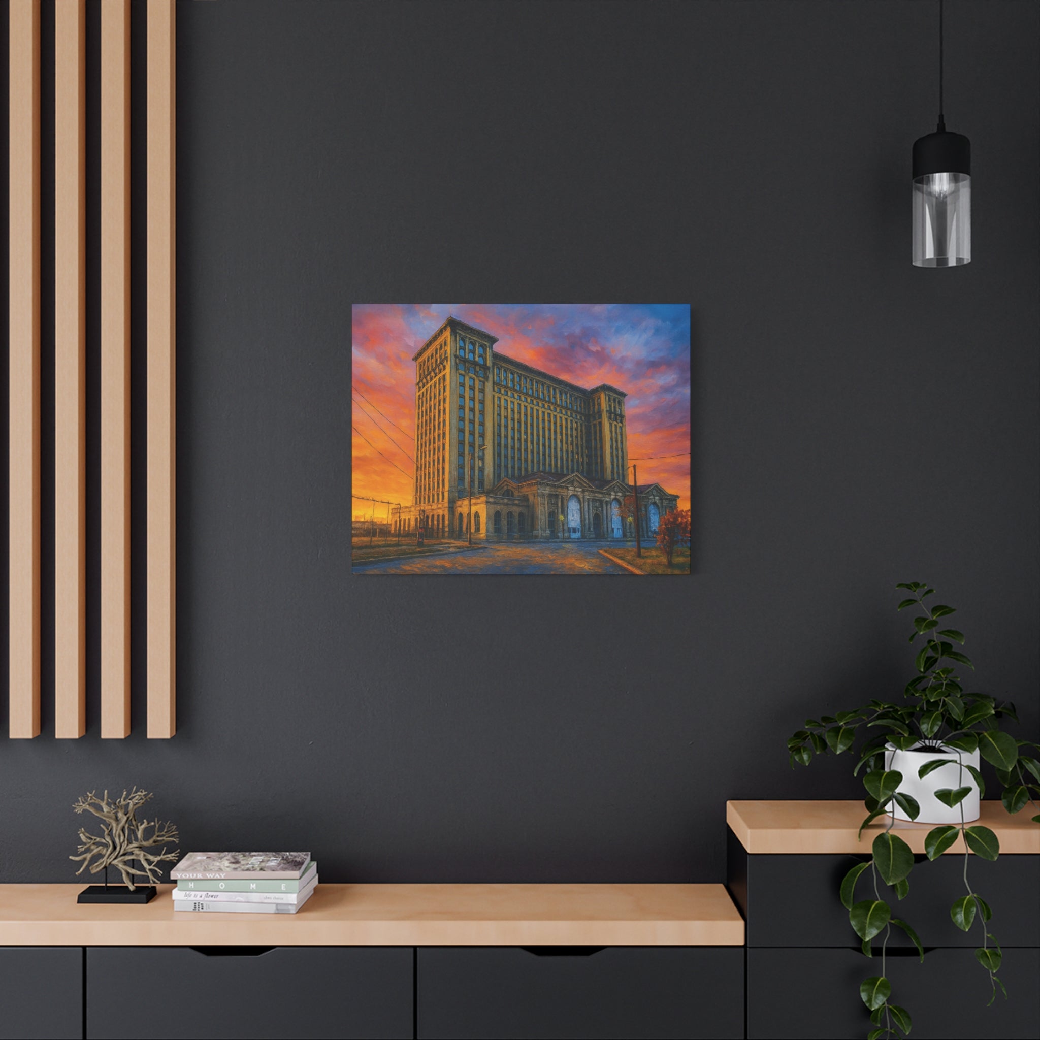Detroit Michigan Train Station Sunrise Canvas Art — Vintage Depot Building Wall Decor