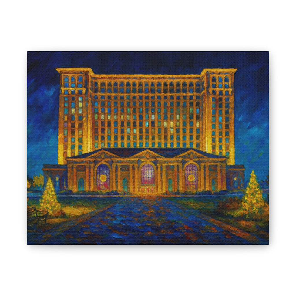 Michigan Central Station Holiday Lights Canvas Print — Stretched 0.75"