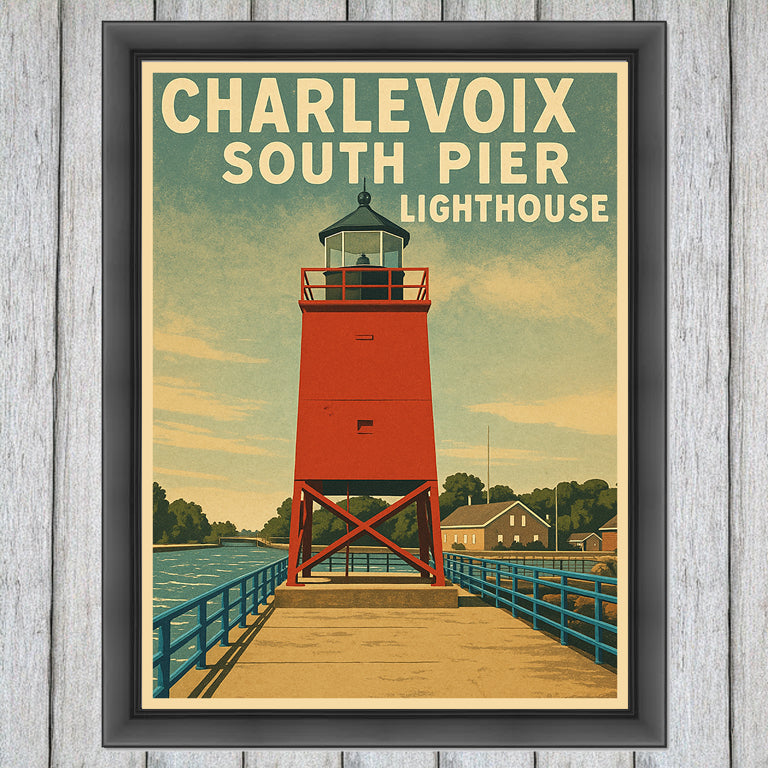 Charlevoix South Pier Lighthouse Poster - Vintage Travel Art Print