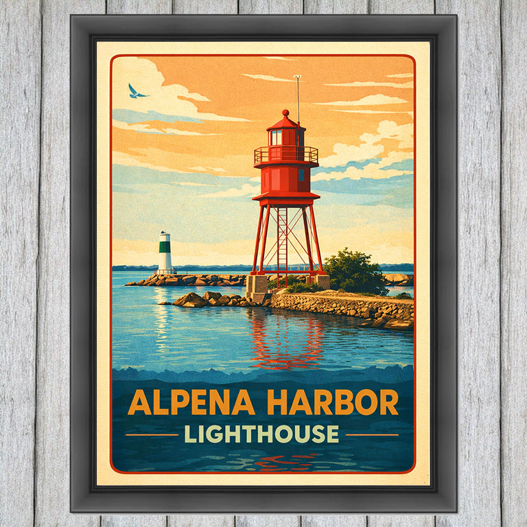Alpena Harbor Lighthouse Rolled Poster — Vintage Travel Art Print