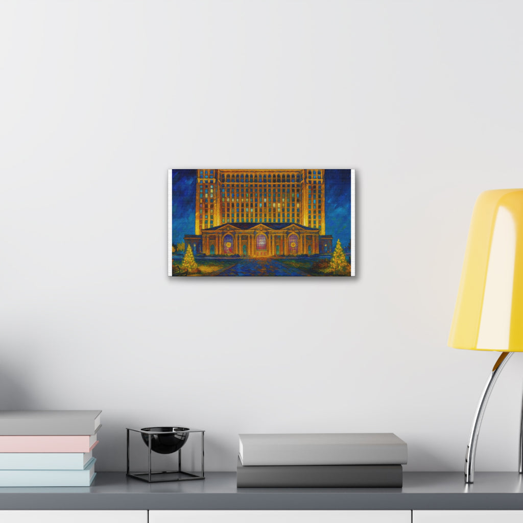 Michigan Central Station Holiday Lights Canvas Print — Stretched 0.75"