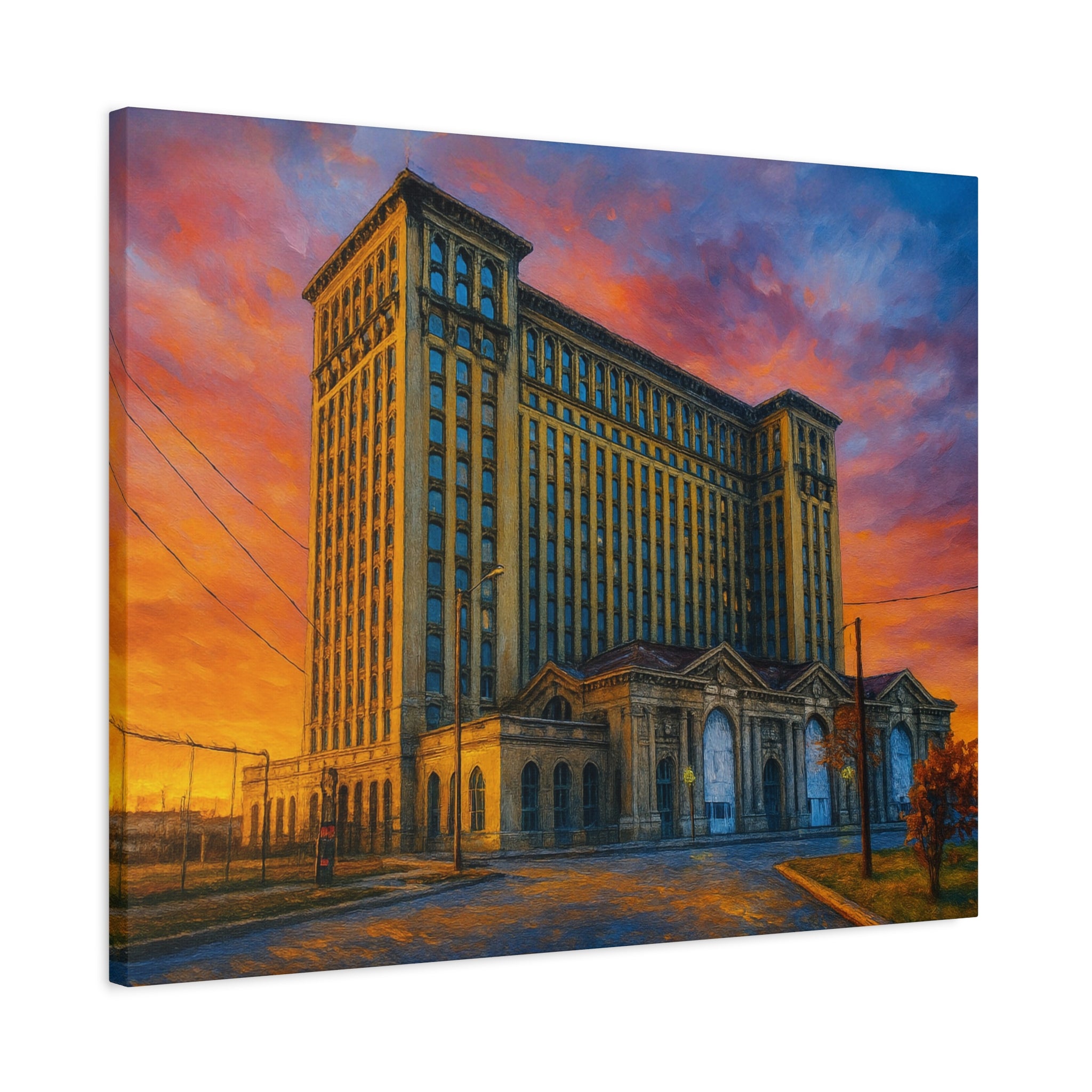 Detroit Michigan Train Station Sunrise Canvas Art — Vintage Depot Building Wall Decor