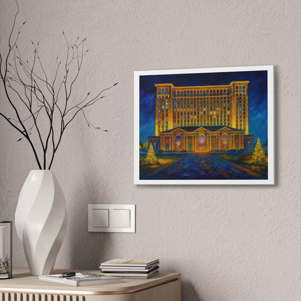 Michigan Central Station Holiday Lights Canvas Print — Stretched 0.75"