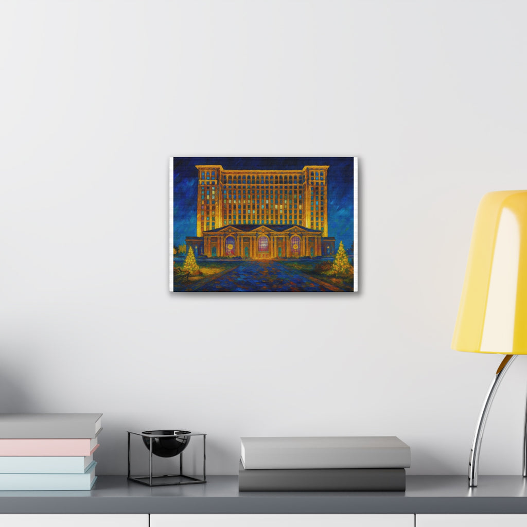 Michigan Central Station Holiday Lights Canvas Print — Stretched 0.75"