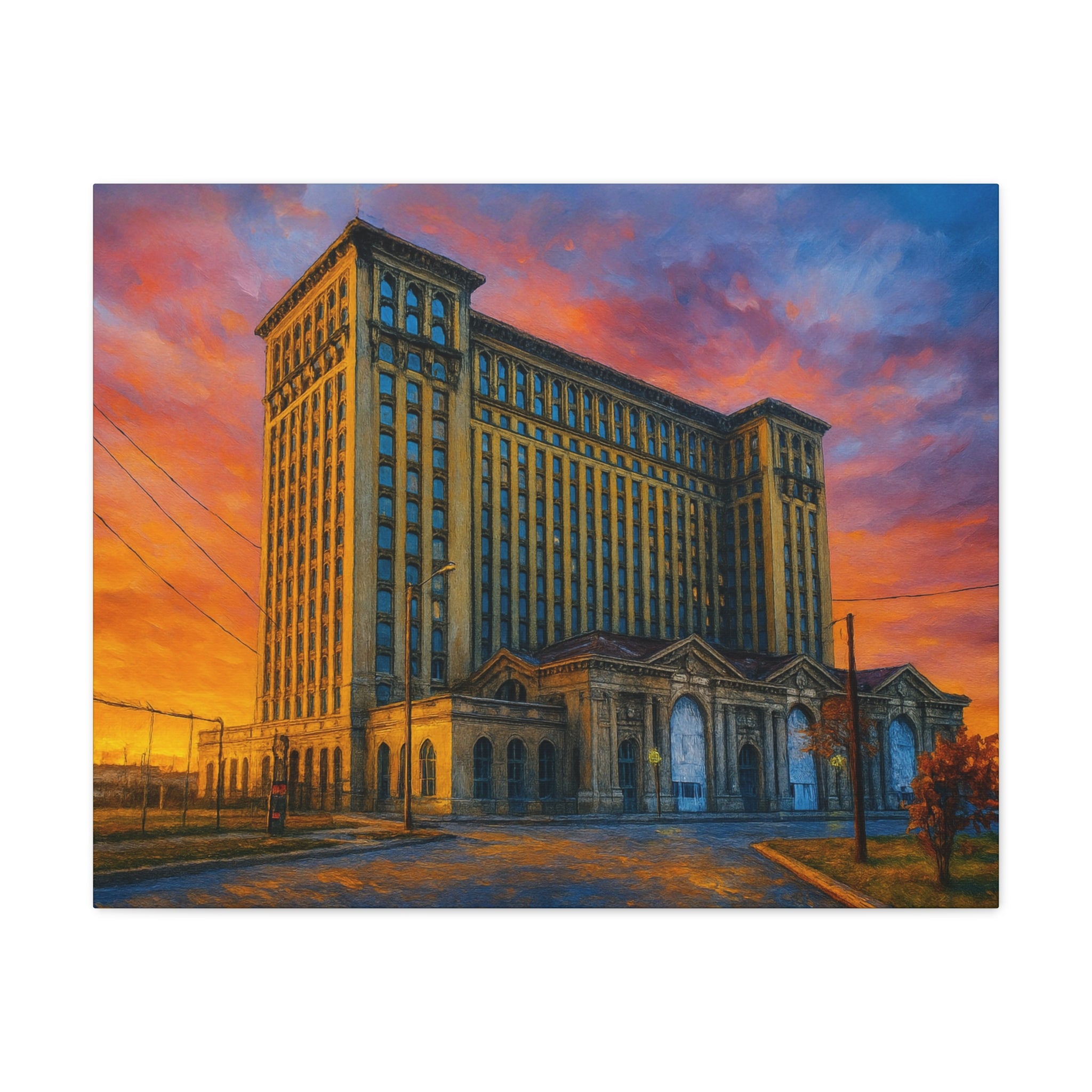 Detroit Michigan Train Station Sunrise Canvas Art — Vintage Depot Building Wall Decor
