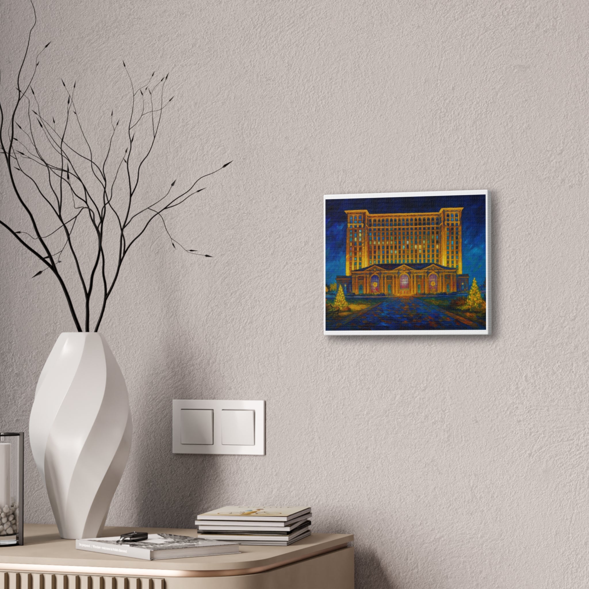 Michigan Central Station Holiday Lights Canvas Print — Stretched 0.75"
