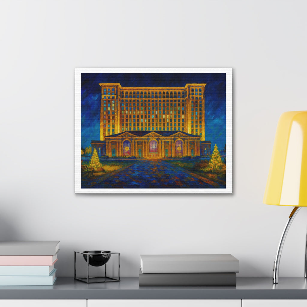 Michigan Central Station Holiday Lights Canvas Print — Stretched 0.75"