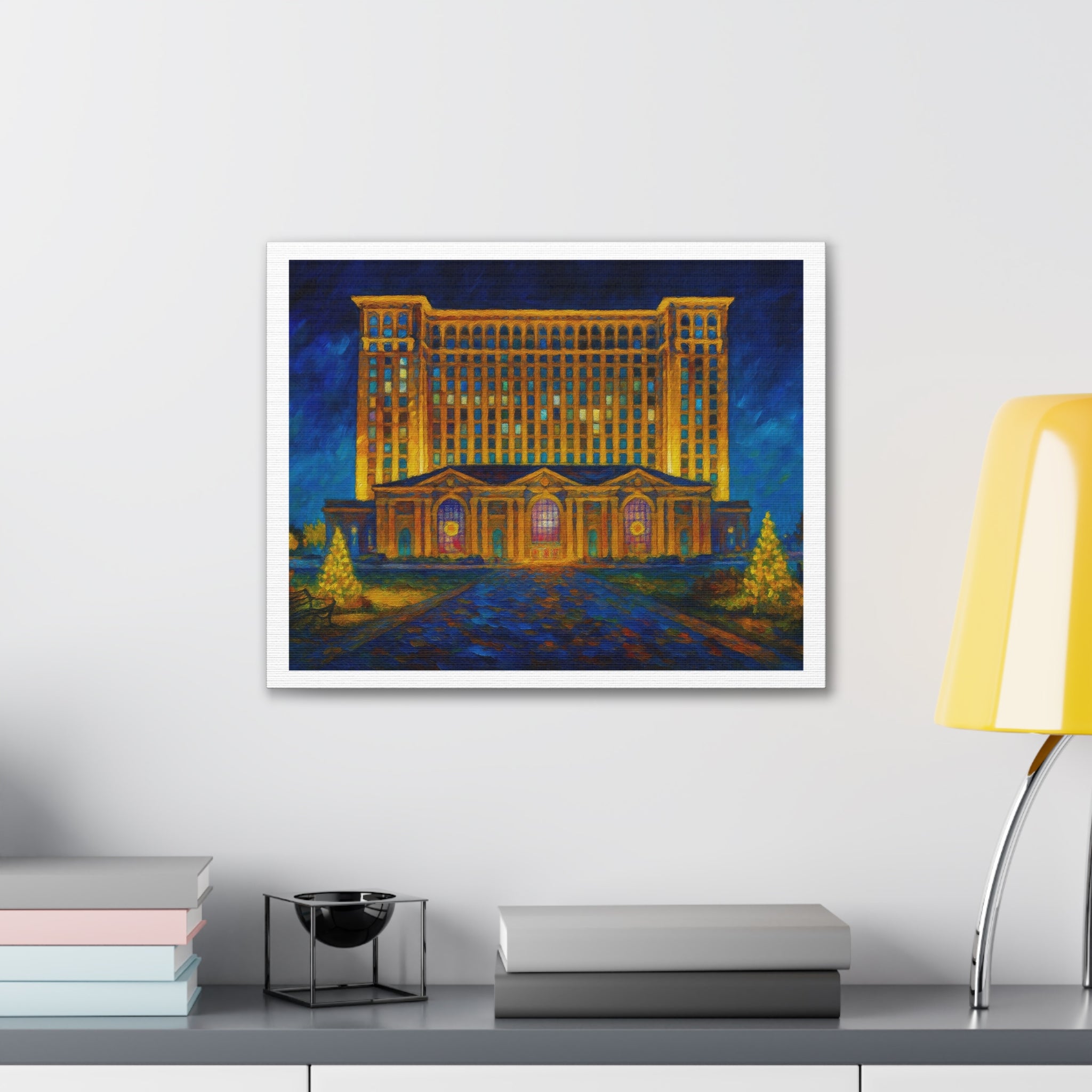 Michigan Central Station Holiday Lights Canvas Print — Stretched 0.75"