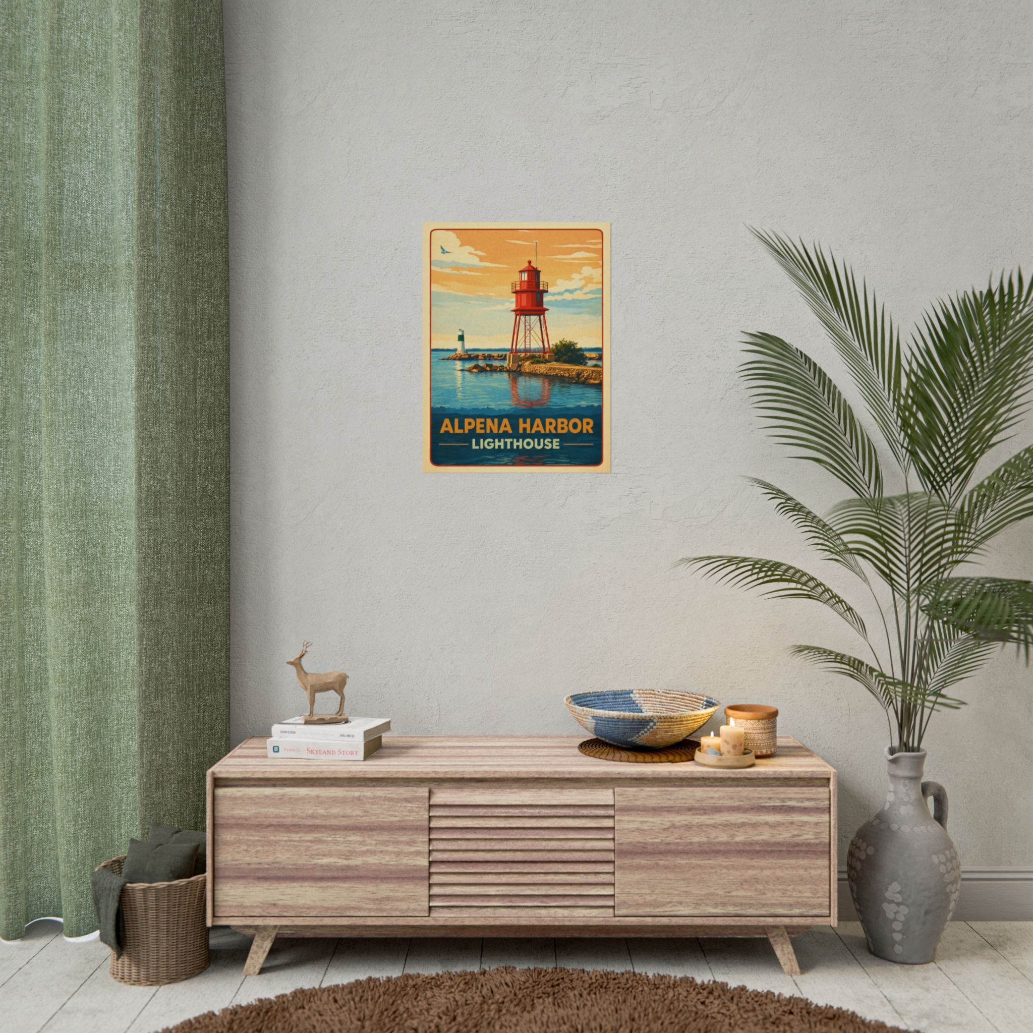 Alpena Harbor Lighthouse Rolled Poster — Vintage Travel Art Print