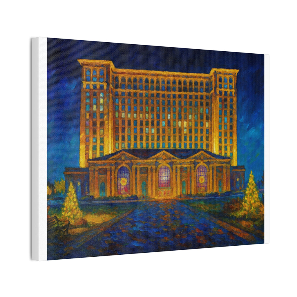Michigan Central Station Holiday Lights Canvas Print — Stretched 0.75"