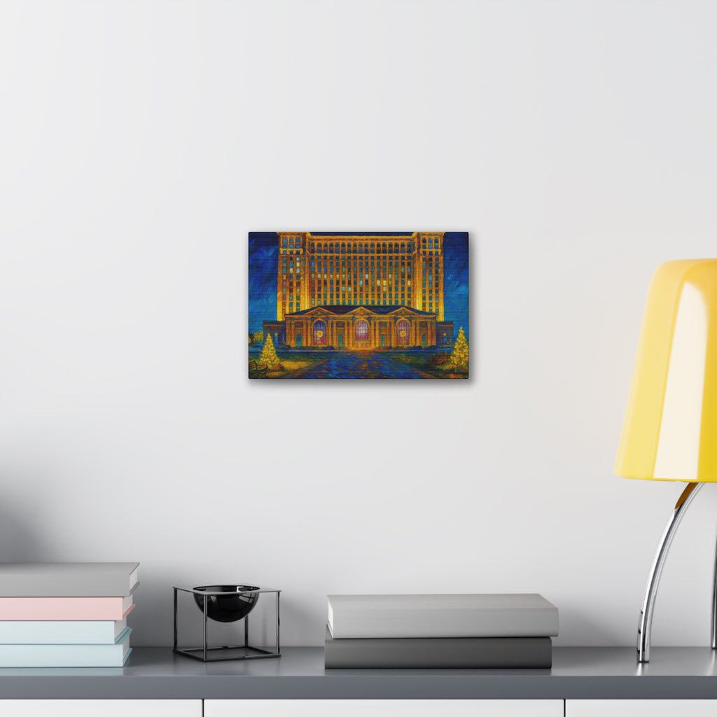 Michigan Central Station Holiday Lights Canvas Print — Stretched 0.75"