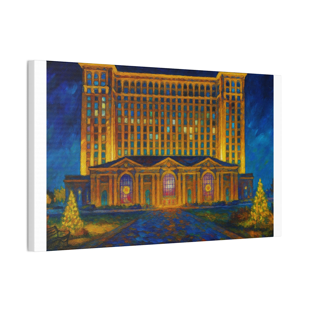 Michigan Central Station Holiday Lights Canvas Print — Stretched 0.75"