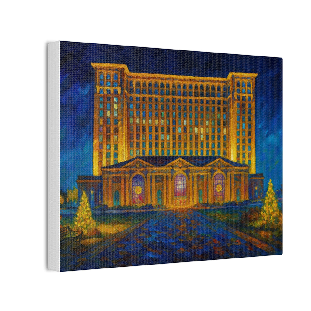 Michigan Central Station Holiday Lights Canvas Print — Stretched 0.75"