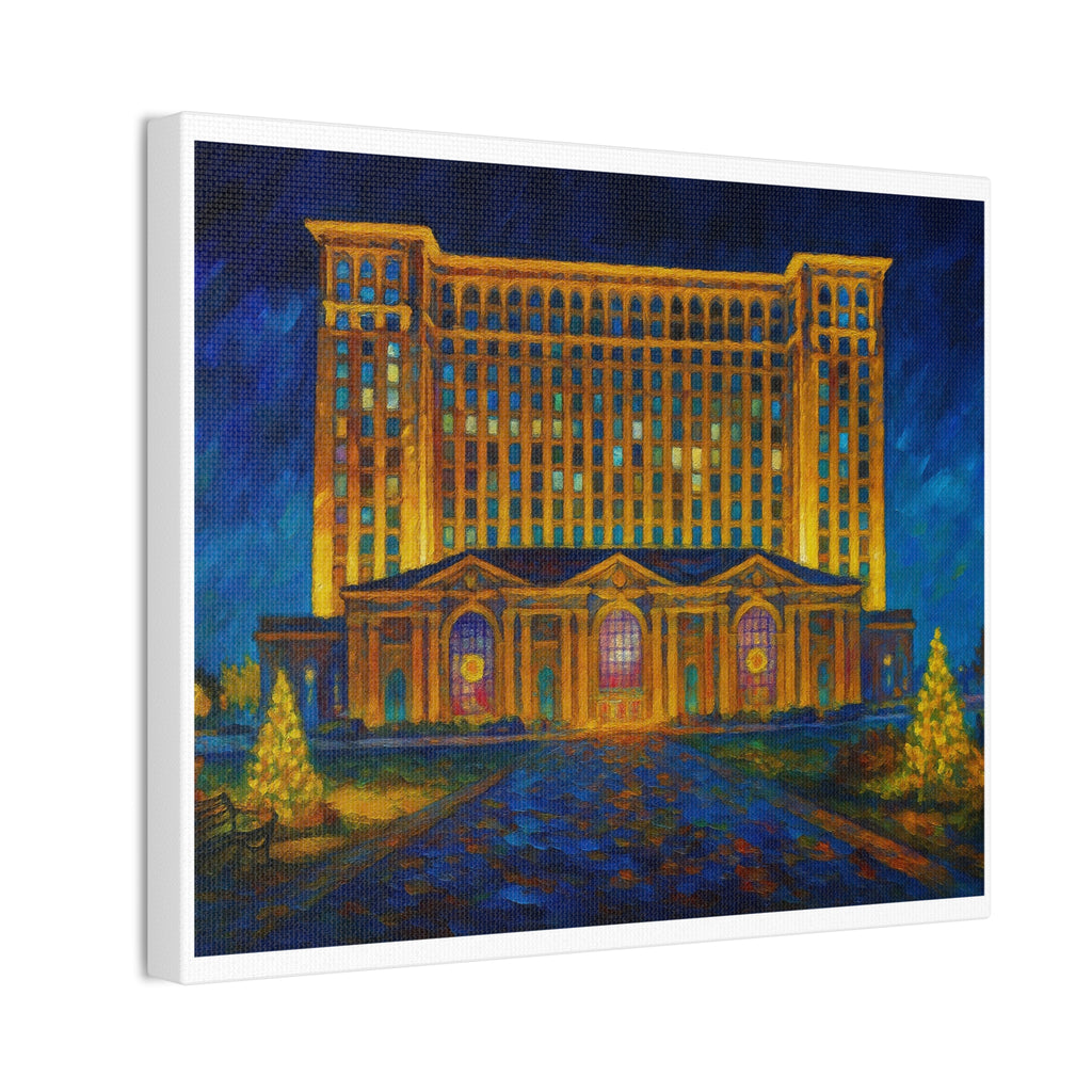 Michigan Central Station Holiday Lights Canvas Print — Stretched 0.75"