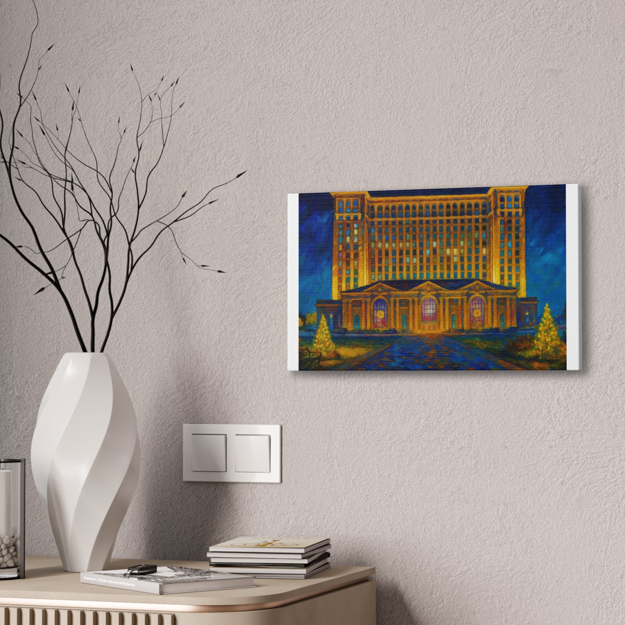 Michigan Central Station Holiday Lights Canvas Print — Stretched 0.75"